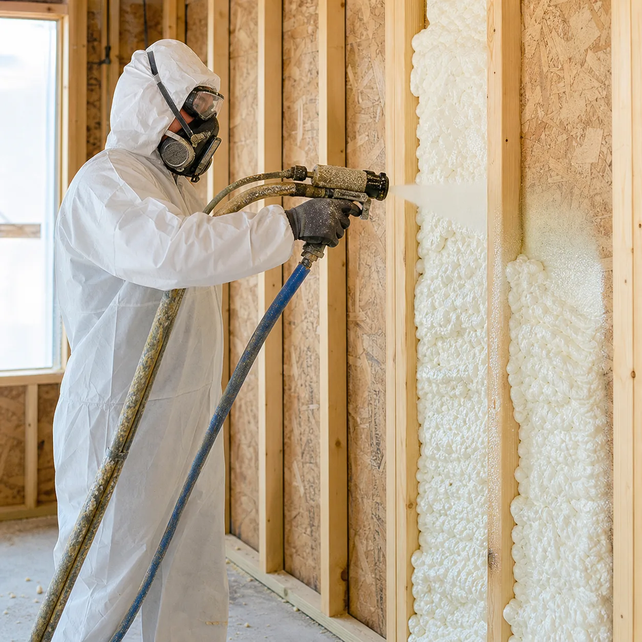 Spray foam installer in protective gear spraying an interior wall in Yakima, WA
